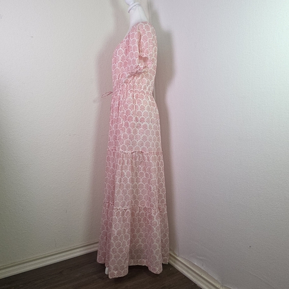 Roller Rabbit Pink Block Print Boho Maxi Dress XXS (L) Cotton Lined Tassel Tie - Picture 4 of 13